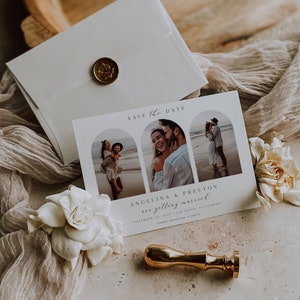 May include: A wedding invitation suite with a cream envelope and gold wax seal, a "Save the Date" card with three photos, and a gold stamp. The card includes the names Angelina & Preston and the wedding date.