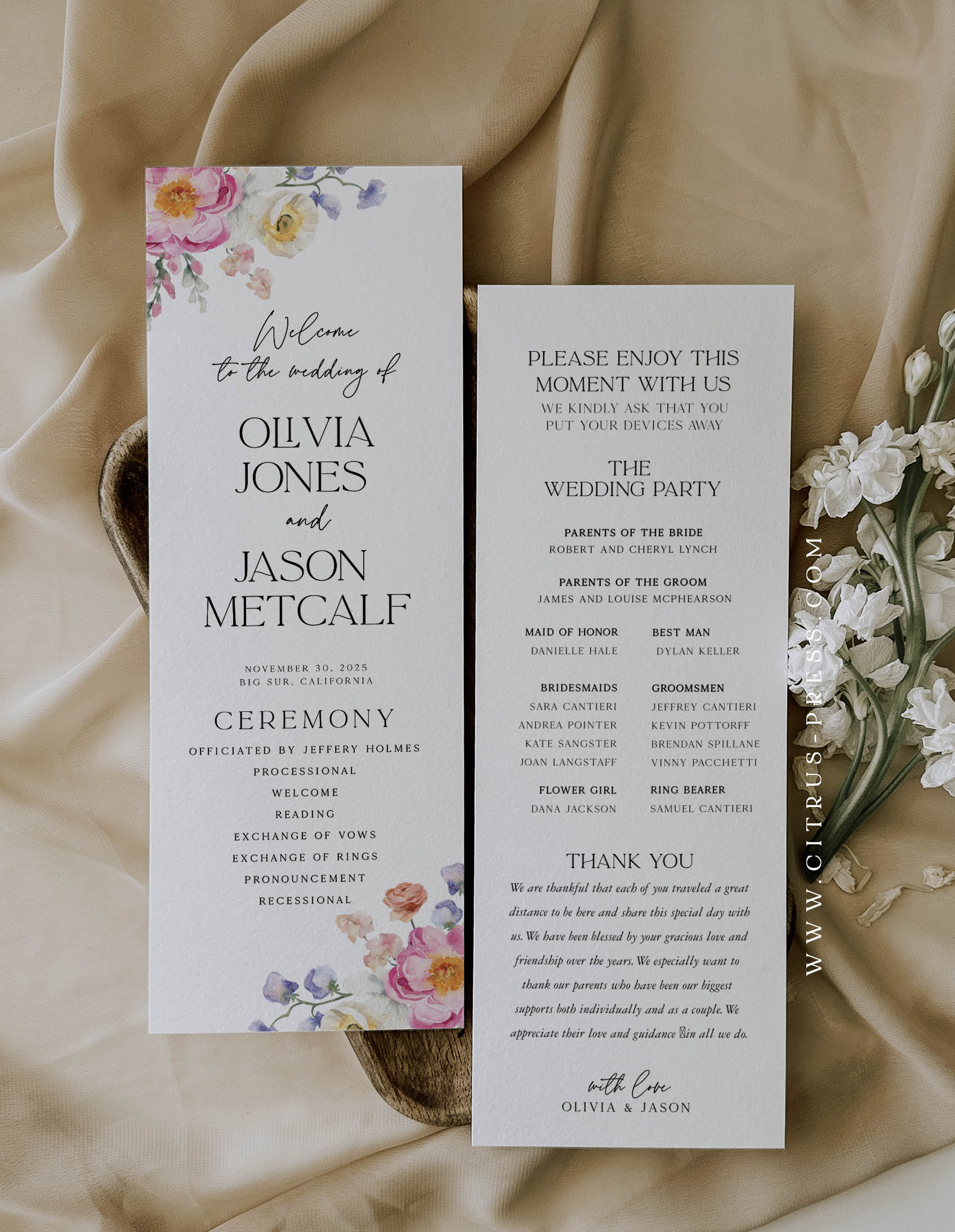 Floral Wedding Ceremony Program Unique Flower Program Day of Paper ...