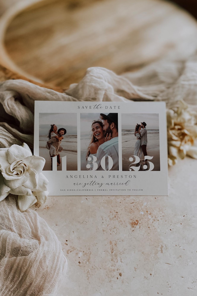 Modern Photo Save the Date, Picture Save the Date, Engagement Photo, Minimal Multi Photo, DIY Self Editable Template, Printable Corjl image 1