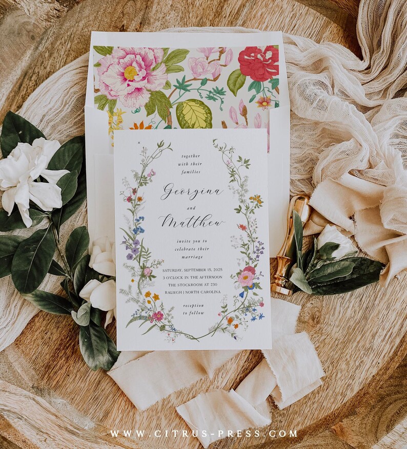 Wildflower Wedding Invitation Template Floral Printable Invitation Suite Pastel Wildflower Floral Wedding Invitation Set 012 image 2