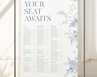 Blue Floral Wedding Seating Chart, Seating Plan, Wedding Reception, Dusty Blue, French Roses Sign, Printable Template 020