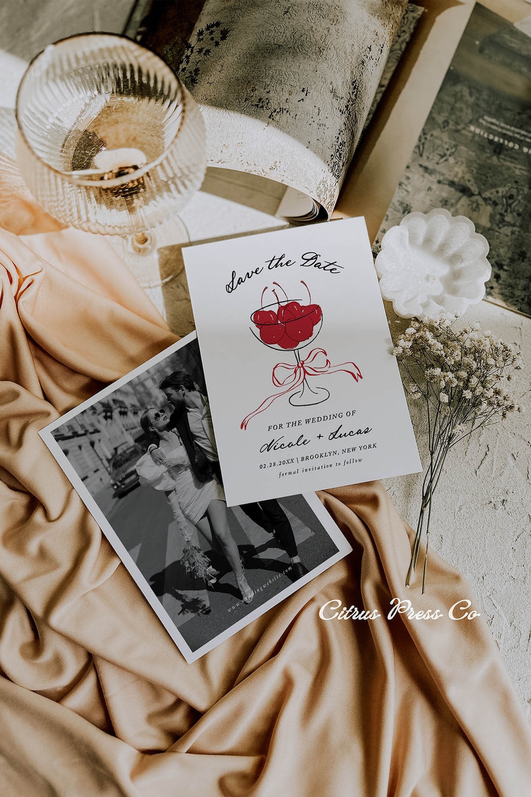 Save the Date Template, Hand Drawn Invitation, Champagne Bow Cherry ...