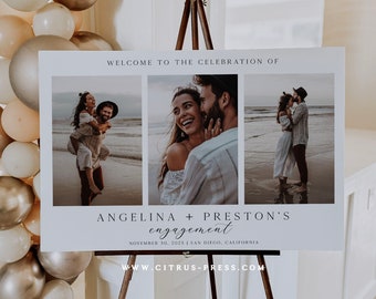 Photo Engagement Party Wedding Sign, Modern Minimal, Editable Printable Template, 3 Photo, Customize Wording, Instant Download, Corjl 013