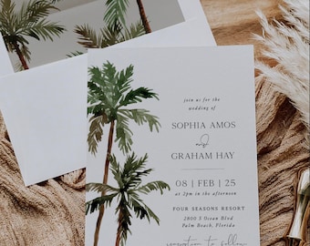 Tropical Palm Tree Wedding Invitation, Beach Wedding Invitation, Destination Wedding Template Invite, Instant Download, Corjl Printable 010