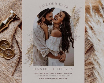 Pampas Grass Photo Save the Date, Arch Curve Engagement Photo, Boho Rust Color, DIY Self Editable Template, Printable Corjl 03