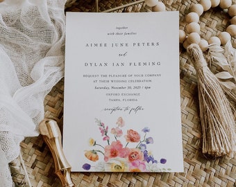 Spring Floral Wedding Invitation, Wilf Flower Invite, Field Flowers Wedding Template, Printable Instant Download 017