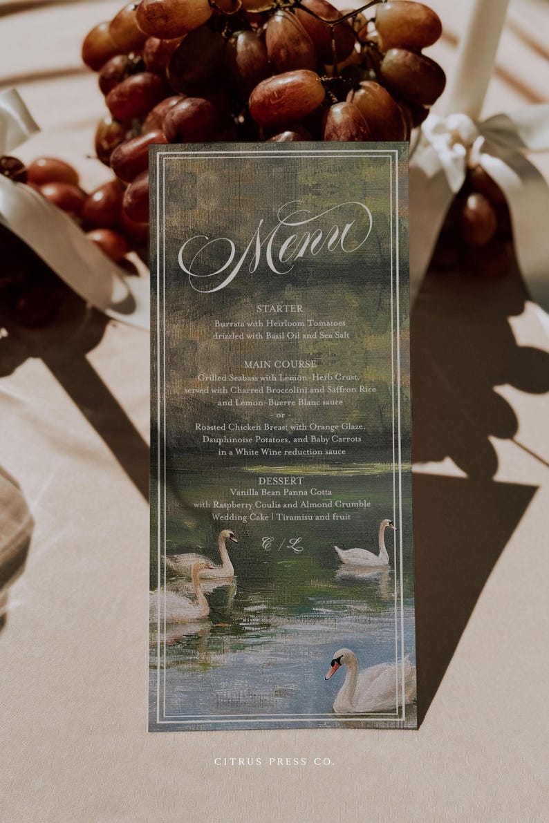 Painted Swan Wedding Menu Template | Editable 4x9 Reception Menu | Romantic Swan Menu Card | Corjl Instant Download 030 image 2