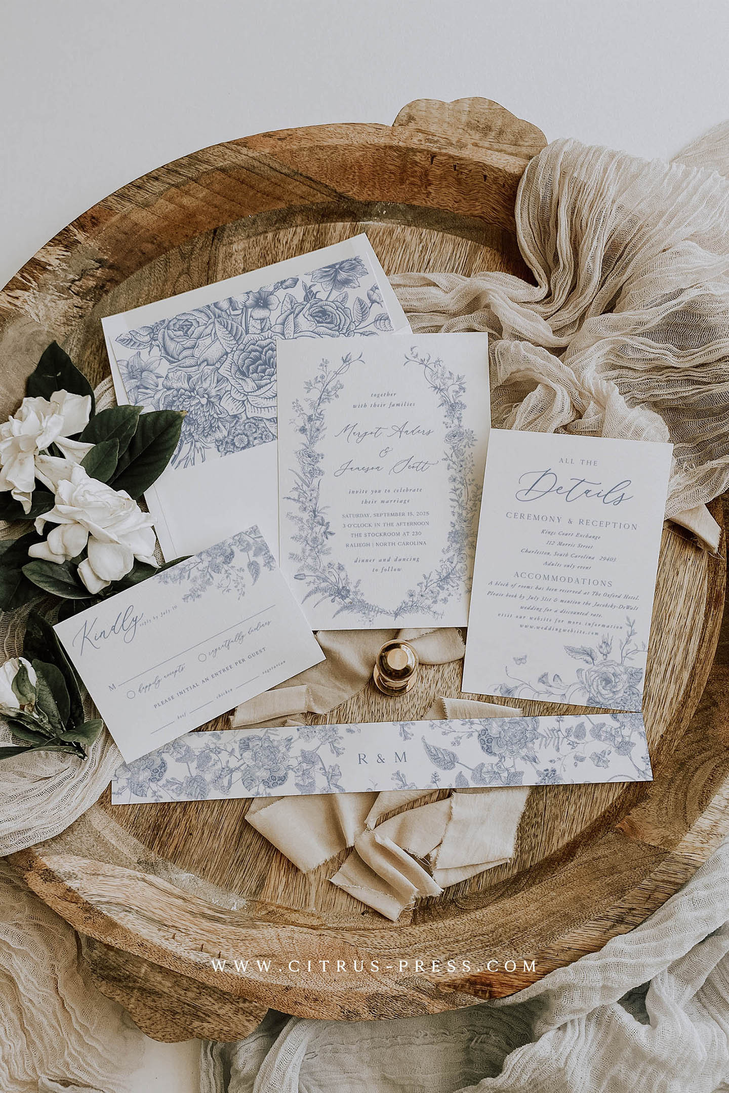 Blue Wedding Invitation Suite, Vintage Floral Invitation Template, Printable Invitation Suite, French Roses Botanical Wedding Invite 020