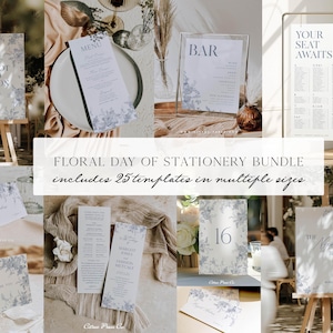 Blue Floral Wedding Day of Stationery Bundle, Wedding Signage, Dusty Blue Sign, French Roses Sign, Digital Download, Printable Template 020