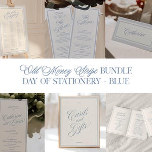 May include: A selection of blue and white wedding stationery, including menus, place cards, and a seating plan. The stationery has a classic design with elegant script and a subtle striped border. The text "Old Money Stripe Bundle - Day of Stationery - Blue" is displayed.