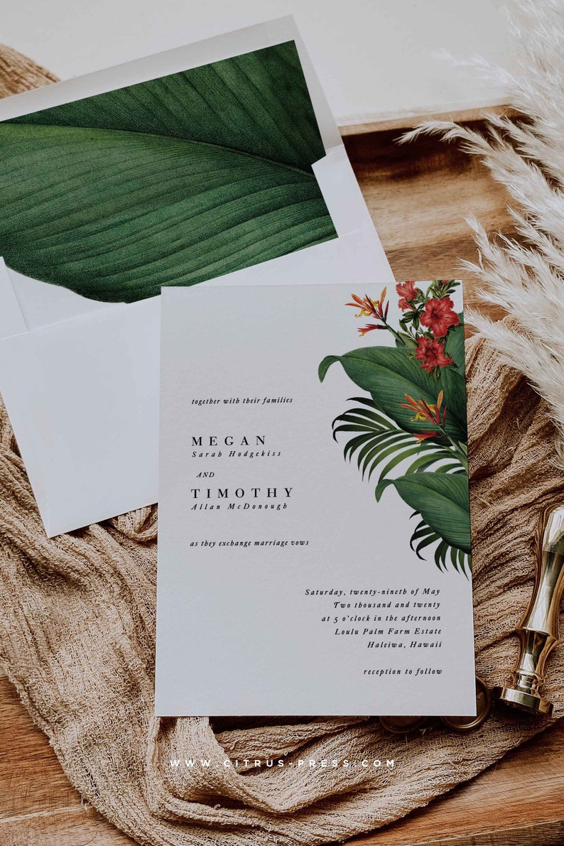 Modern Minimal Tropical Wedding Invitation Beach Destination Invitation Minimal Palm Leaf Invitation Sample Set image 1