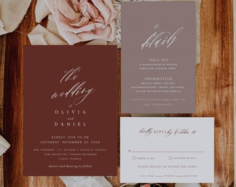 Rust Boho Wedding Invitation, Minimal Modern Invitation, DIY Self Editable Template, Printable Corjl 08
