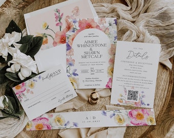 Wildflower Wedding Invitation with QR code Printed, Wedding RSVP with QR code, Wildflowers Wedding Invite, Bright Florals, Template 017