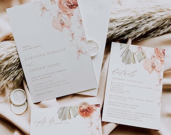 Orchid Tropical Wedding Invitation  Wedding Suite, Printable Editable Template, Destination Wedding PDF DIY Instant Download Corjl