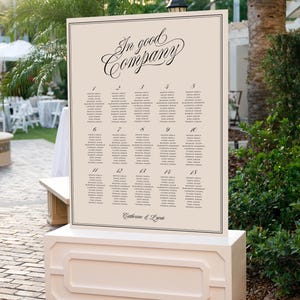 May include: A large rectangular cream-colored seating chart sign with black text reading In good company and Catherine & Lucas, featuring fifteen numbered tables with guest names, mounted on a white base with a geometric recessed panel design.