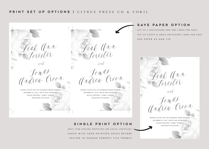 May include: A black and white wedding invitation with floral designs. The invitation reads "Leal Ann Forester and Jonas Andrew Croon". The text also includes the date and time of the wedding, the location, and the RSVP information. The invitation includes two print set up options: single print option and save paper option.