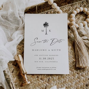 Tropical Save the Date Card, 5x7 Modern Black Palm Tree Card, Destination Wedding, DIY Self Editable Template, Printable Corjl 019