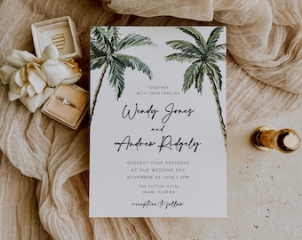 Tropical Palm Tree Wedding Invitation, Destination Wedding Invitation, DIY Self Editable Template, Printable Corjl 010