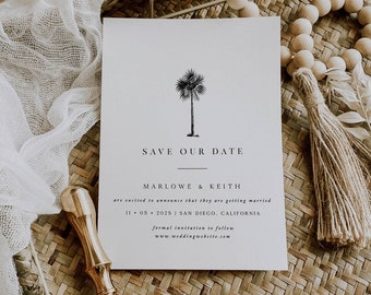 Minimal Palm Tree Save the Date Card, 5x7 Modern Black Palm Tropical, Destination Wedding, DIY Self Editable Template, Printable Corjl 019