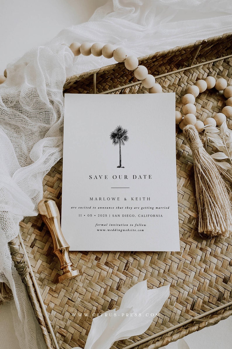 Minimal Palm Tree Save the Date Card, 5x7 Modern Black Palm Tropical, Destination Wedding, DIY Self Editable Template, Printable Corjl 019 image 1