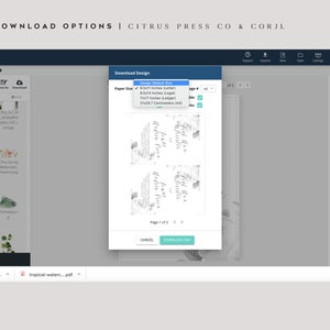 May include: A screenshot of a Corjl design platform showing a printable design for a wedding invitation. The design features a floral motif with the text "Eat, Drink and Be Married" in a script font. The design is available in a variety of paper sizes, including 8.5x11 inches (Letter) and 21x29.7 centimeters (A4).