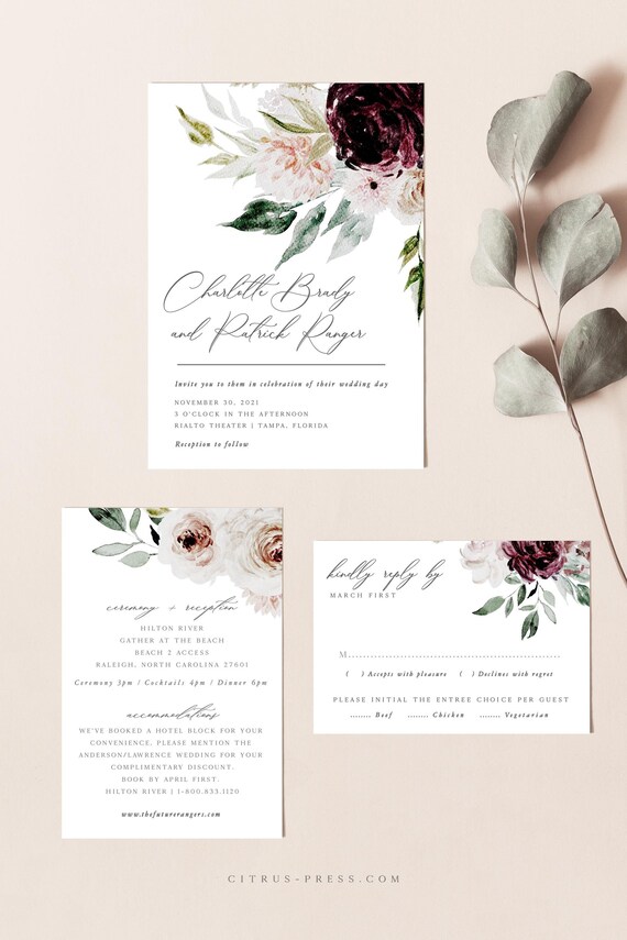 Romantic Floral Wedding Invitation Template Download PDF DIY | Etsy