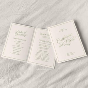 Green Stripe Wedding Ceremony Program, Folded Ceremony Program, Old Money Design, Elegant Wedding Template LTR and A4 size 029