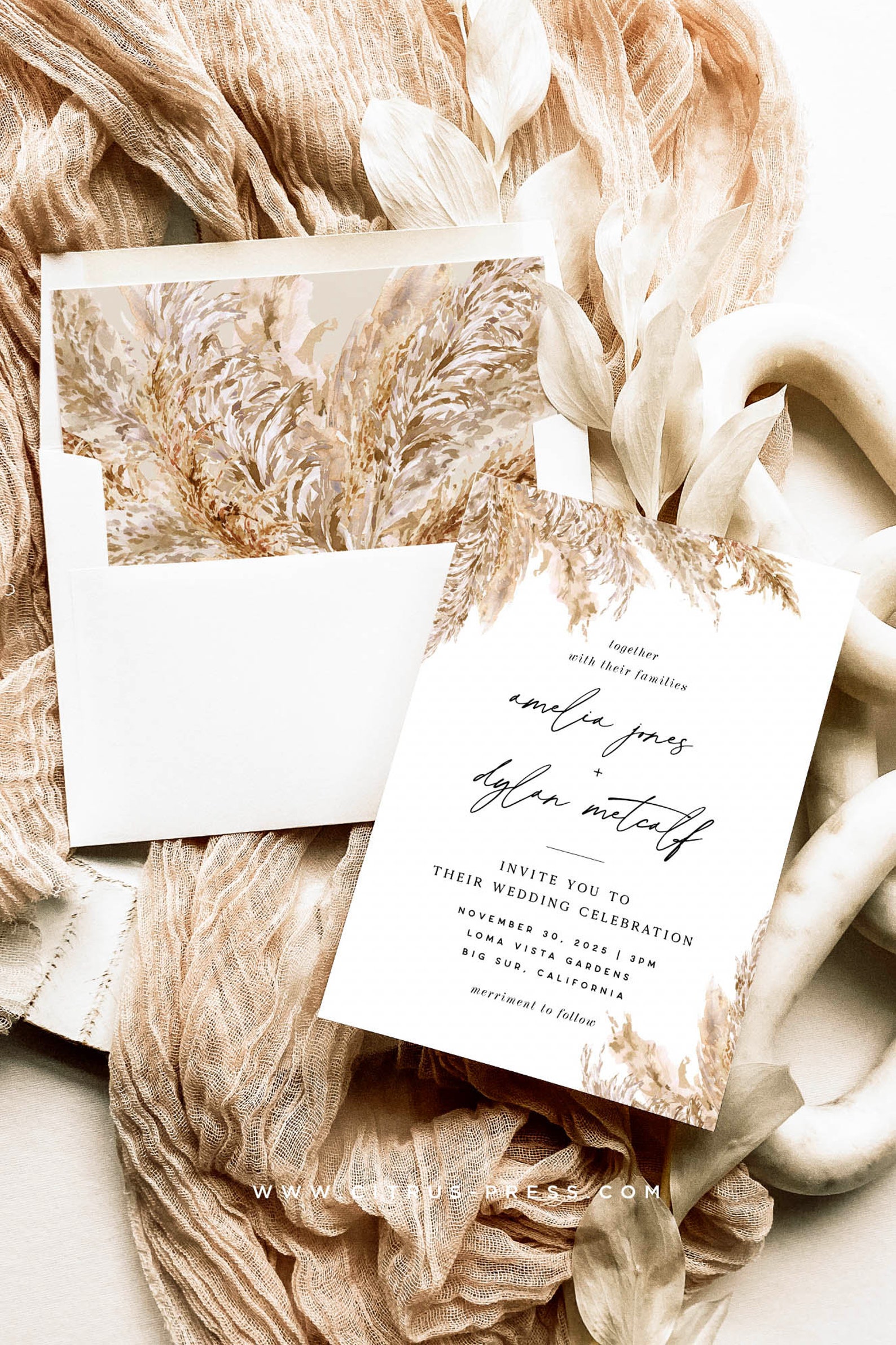Pampas Grass Wedding Invitation Template Boho Desert - Etsy