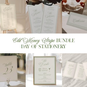 May include: A selection of wedding stationery in a light green and white colour scheme. The set includes a seating chart, menus, place cards, table number cards, and a drinks menu. The text "Old Money Stripe BUNDLE DAY OF STATIONERY" is displayed.