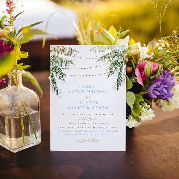 Beach Wedding Invitation | Coastal Wedding Invitation | Destination Wedding Invitation | Palm Trees, String Lights, California, Florida