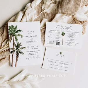 Tropische palmboom bruiloft uitnodiging, strand bruiloft uitnodiging, bestemming bruiloft sjabloon, Instant Download, Corjl afdrukbare 010 afbeelding 5