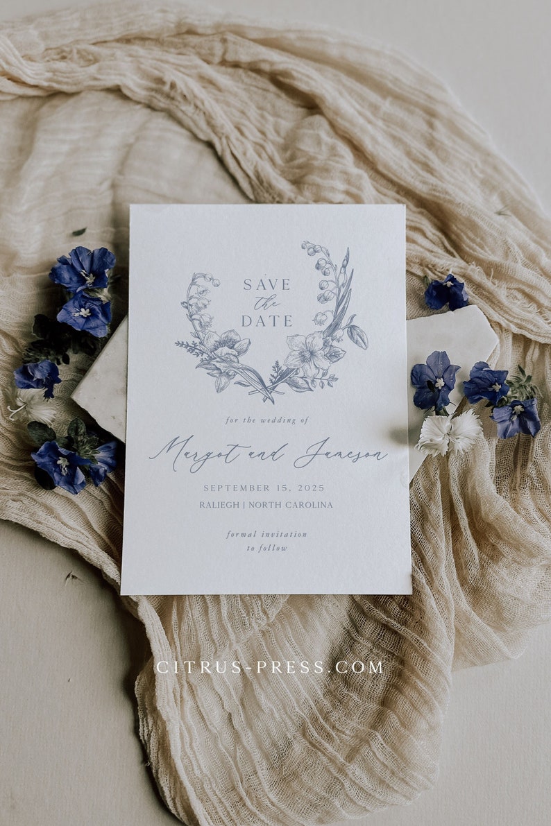 Blue Floral Save the Date Invitation, Wedding Suite, Chinoiserie Wedding Template, Printable Instant Download 020 image 1