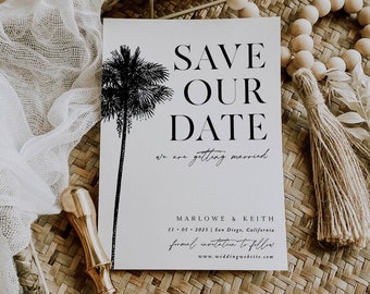 Modern Palm Tree Save the Date Card, 5x7 Modern Black Palm Tree Card, Destination Wedding, DIY Self Editable Template, Printable Corjl 019