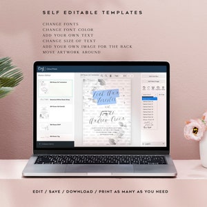 May include: A laptop computer screen displaying a wedding invitation template with the text "Love lasts forever" and "From Andrew Croix". The template has a watercolor floral design with a blue and white color scheme. The laptop is on a table with a pink background.