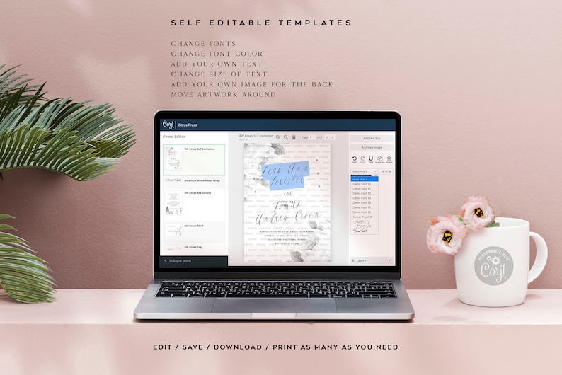 May include: A laptop computer screen displaying a wedding invitation template with the text "Love lasts forever" and "From Andrew Croix". The template has a watercolor floral design with a blue and white color scheme. The laptop is on a table with a pink background.
