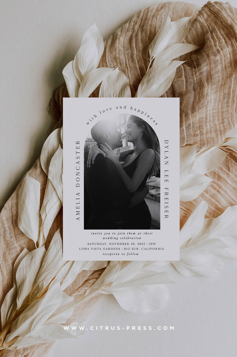 Zaproszenie na ślub Arch Photo, Minimalistyczne zaproszenie Arch, Zdjęcie zaręczynowe, Nowoczesne minimalistyczne, Szablon do samodzielnej edycji DIY, Wydrukuj Corjl zdjęcie 2