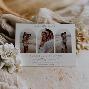 May include: A wedding announcement card with three photos of a couple. The card reads "SAVE the DATE" and announces the marriage of Angelina & Preston on November 30, 2025, in San Diego, California. A white flower and fabric are in the foreground.