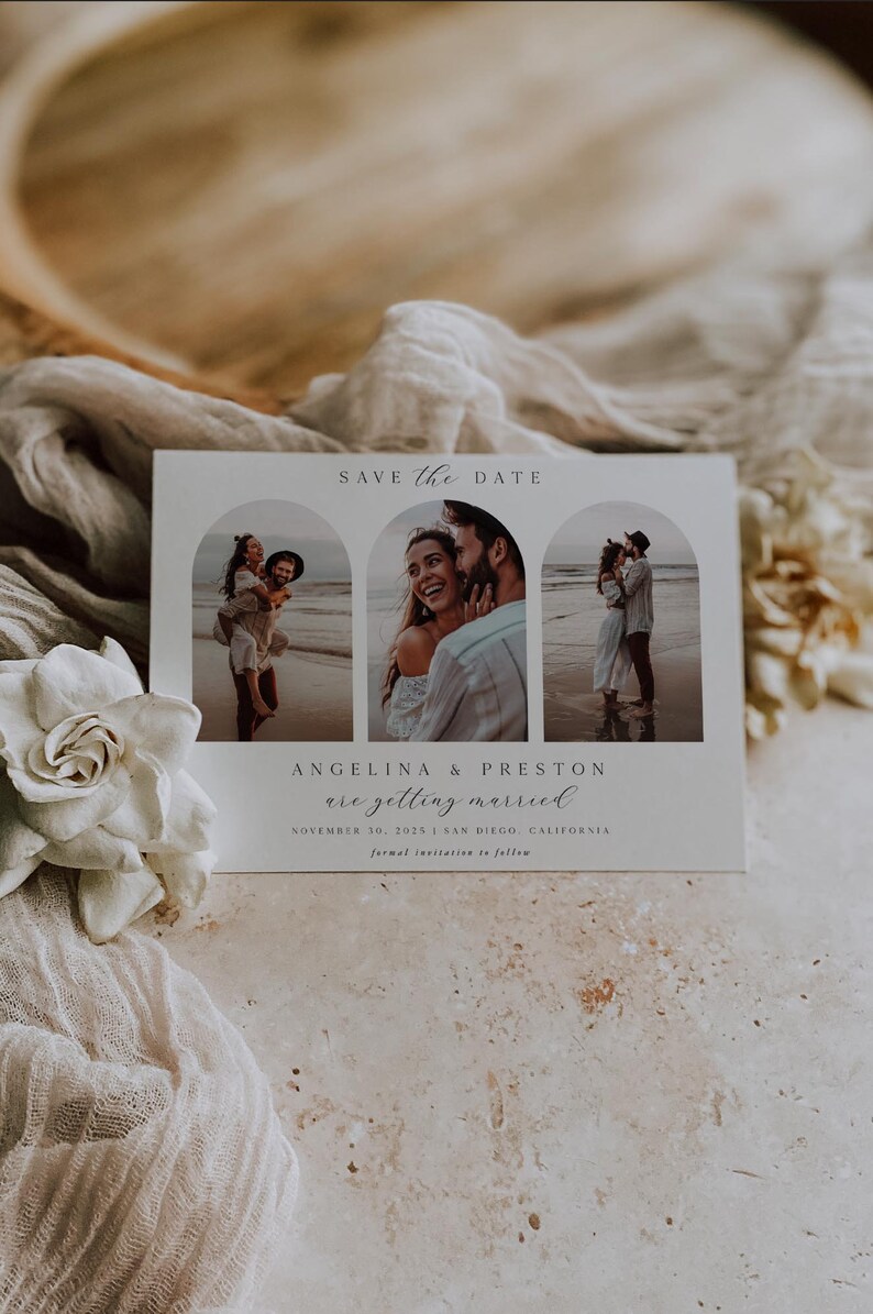 May include: A wedding announcement card with three photos of a couple. The card reads "SAVE the DATE" and announces the marriage of Angelina & Preston on November 30, 2025, in San Diego, California. A white flower and fabric are in the foreground.