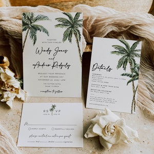 Tropical Palm Tree Wedding Invitation, Beach Wedding Invitation, Destination Wedding Template, Instant Download, Corjl Printable 010