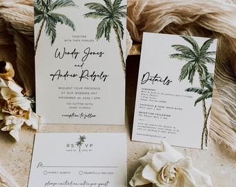 Tropical Palm Tree Wedding Invitation, Beach Wedding Invitation, Destination Wedding Template, Instant Download, Corjl Printable 010