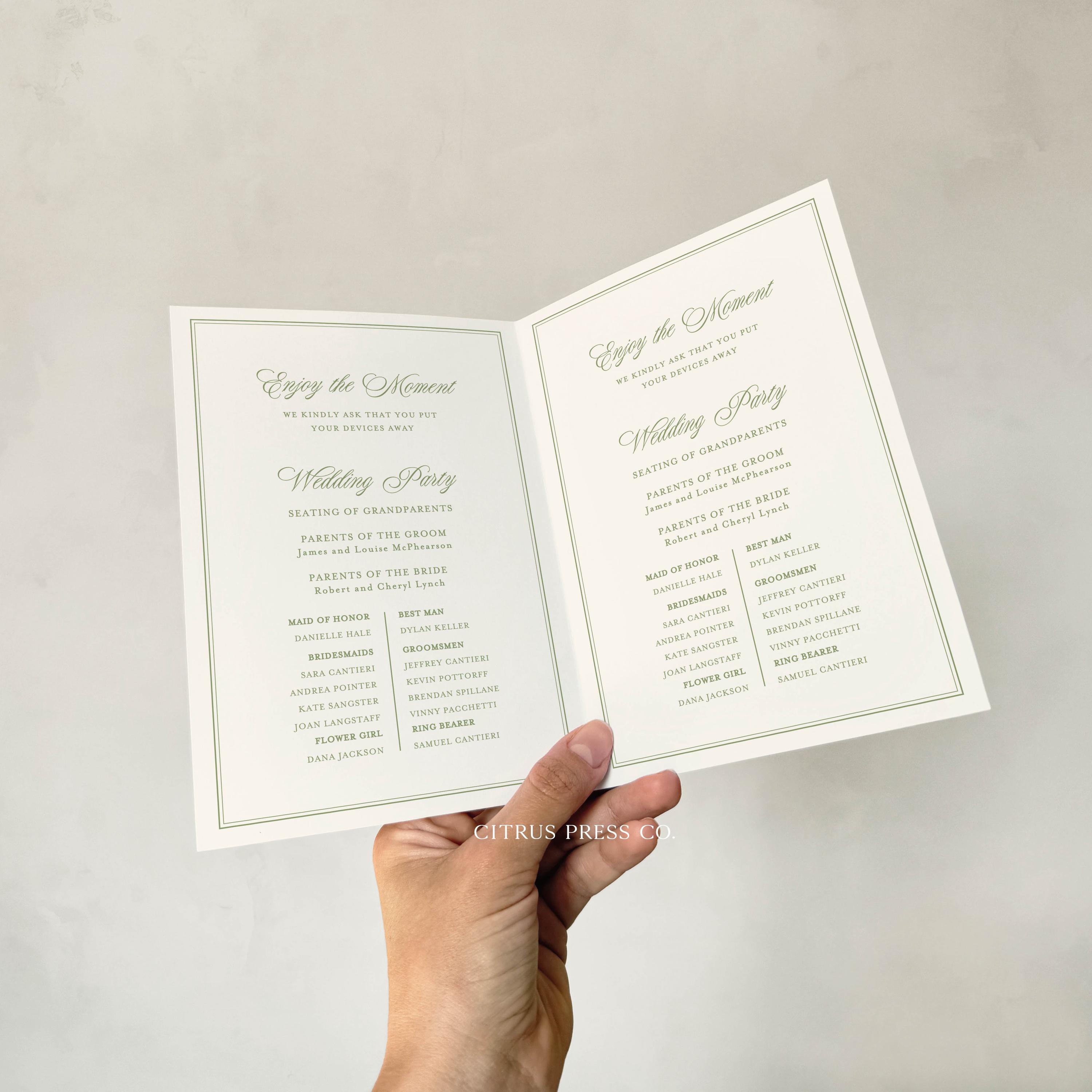 Old Program Template Green Stripe Wedding Ceremony Program, Folded Ceremony Program, Old ...