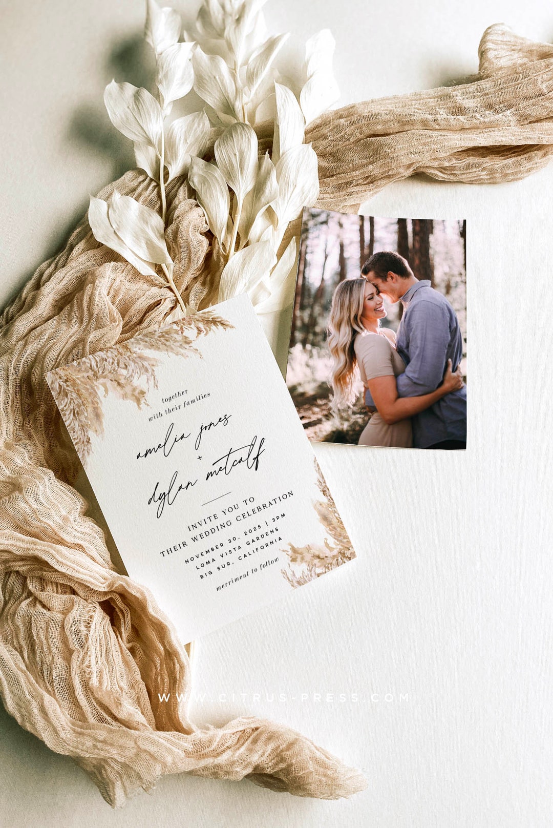 Pampas Grass Wedding Invitation Template Boho Desert - Etsy