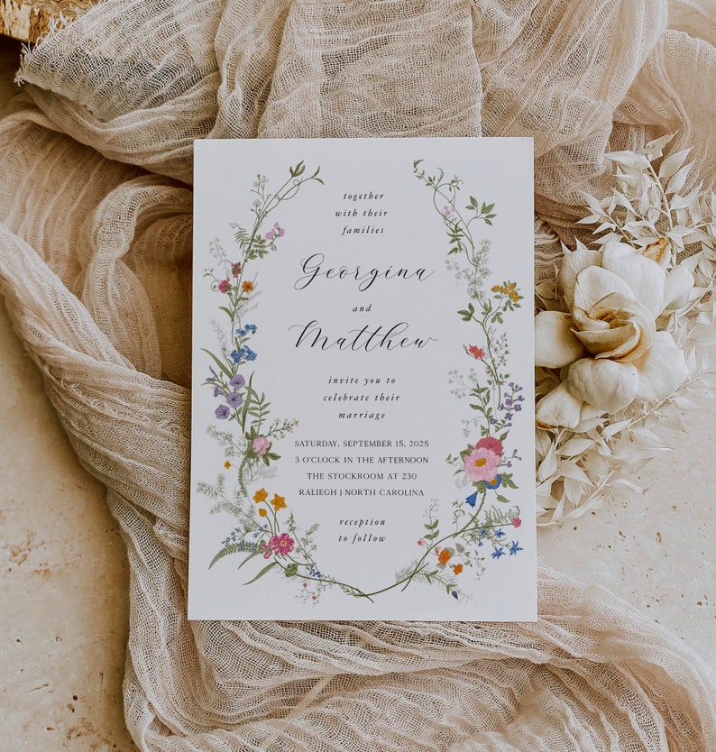Wildflower Wedding Invitation Template Floral Printable Invitation Suite Pastel Wildflower Floral Wedding Invitation Set 012 image 4