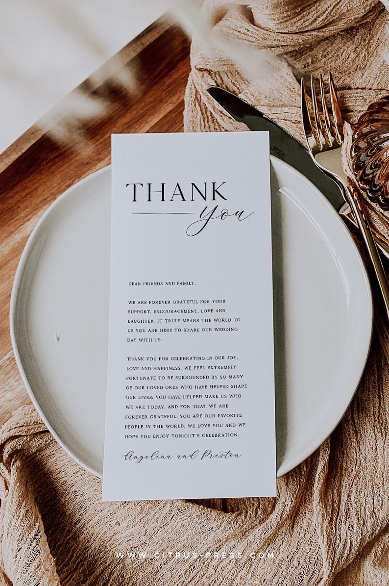 Table Thank You Template, Wedding Reception, Order of Events, Digital Download, Editable, DIY, Printable Template, Corjl 013 image 1