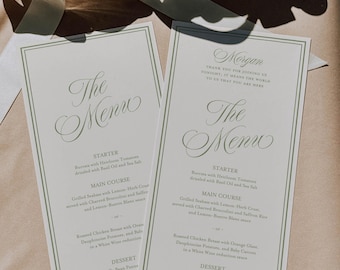 Plantilla de menú de boda retro, menú vintage moderno, menú con nombre, menú con nombre de invitado, caligrafía, menú de dinero antiguo, recepción de boda 029