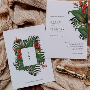 Modern Minimal Tropical Wedding Invitation Beach Destination Invitation Minimal Palm Leaf Invitation Sample Set image 2