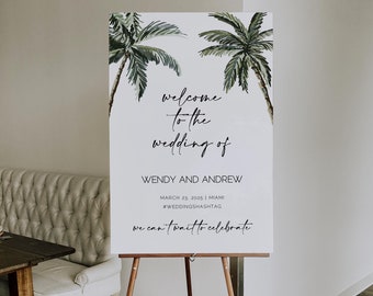 Palm Tree Welcome Wedding Sign, Tropical Wedding Reception Sign, DIY Editable Printable Template, Beach Wedding, Instant Download, Corjl 010