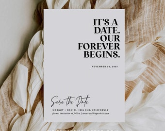 It's a Date Modern Minimal Save the Date Card, Retro Style, Wording Style, Wedding Template, Printable Corjl