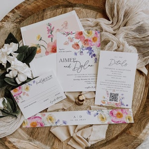 Modern Spring Floral Wedding Suite Invitation, Wild Flower Invite, Field Flowers Wedding Template, Printable Instant Download 017