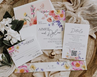 Modern Spring Floral Wedding Suite Invitation, Wild Flower Invite, Field Flowers Wedding Template, Printable Instant Download 017